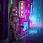 absurd_res anthro black_body black_fur clothing dark_body dark_skin female fur green_eyes haplorhine hi_res latex latex_clothing latex_skinsuit mammal monkey neon_sign novaartisan primate raining sign skinsuit solo street sun_jade tight_clothing