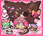  1girl :3 animal_ear_fluff animal_ears blue_shirt bow brown_hair cat_ears cat_girl cat_tail chibi chickenfrymilo chocolate_donut coffee commentary donut eating english_text food full_body hair_bow hair_over_one_eye holding holding_donut holding_food jacket original pastel_colors paw_print paw_print_background peace_symbol pill_hair_ornament pink_background pink_bow pink_donut pink_jacket shirt sitting skirt speech_bubble sprinkles symbol-only_commentary tail yellow_bow yellow_skirt 