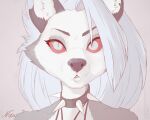  anthro black_nose canid canid_demon canine canis collar demon ear_piercing eyebrows eyelashes female fox fur grey_body grey_fur hair hellhound helluva_boss inner_ear_fluff long_hair looking_at_viewer loona_(helluva_boss) mammal multicolored_body multicolored_fur notched_ear noxu piercing portrait pupils red_sclera simple_background slit_pupils solo spiked_collar spikes tuft watermark white_body white_eyes white_fur white_hair wolf 