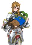  1boy 1girl 4chan absurdres apu_apustaja armor ashbie_the_aspie_girl boy&#039;s_club breastplate brown_eyes brown_hair carrying chainmail closed_mouth greaves hair_over_shoulder highres pepe_the_frog princess_carry simple_background smile standing wassnonnam white_background 