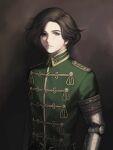  1boy black_hair blue_eyes brown_background coat commentary english_commentary freckles green_coat highres lies_of_p male_focus mechanical_arms mik_blamike pinocchio_(lies_of_p) prosthesis prosthetic_arm single_mechanical_arm solo 