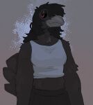 2025 anthro avian beak bird black_body black_bottomwear black_clothing black_feathers black_hair black_sclera bottomwear breasts clip_studio_paint_(artwork) clothing corvid corvus_(genus) crow digital_drawing_(artwork) digital_media_(artwork) feathers female glistening_eyelids grey_background grey_beak grey_clothing grey_shirt grey_tank_top grey_topwear hair half-closed_eyes half-length_portrait hi_res long_hair martindosent narrowed_eyes oscine passerine portrait red_eyes shaded shirt simple_background solo tail tail_feathers tank_top tired topwear