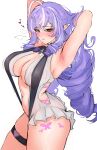 absurd_res ahoge armpit_folds big_breasts black_clothing black_swimwear blush bodily_fluids breasts butterfly_tattoo cleavage clothed clothing digital_drawing_(artwork) digital_media_(artwork) drill_curls elf female glistening glistening_body glistening_skin hair hands_behind_head heart_symbol hi_res highlights_(coloring) humanoid humanoid_pointy_ears leg_tattoo leotard long_hair looking_at_viewer mihoyo mole_under_eye motion_lines not_furry one-piece_swimsuit pointy_ears purple_hair raised_arms red_eyes simple_background skindentation sling_bikini solo sweat sweaty_armpit sweaty_body swimwear tattoo thick_thighs thigh_tattoo urellur vivian_banshee wet wet_body wet_skin white_background white_clothing white_leotard zenless_zone_zero