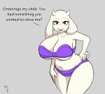  anthro big_breasts bikini bovid breasts caprine clothing english_text female goat grey_background hand_on_hip harvestman_here hi_res huge_breasts looking_at_viewer mammal simple_background sketch solo swimwear text toriel undertale_(series) 