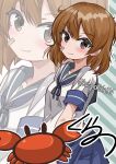  1girl ahoge bandaid bandaid_on_face blue_neckerchief blue_sailor_collar blue_skirt brown_eyes brown_hair crab highres kantai_collection kurano_kisuke neckerchief oboro_(kancolle) pleated_skirt sailor_collar school_uniform shirt short_hair signature skirt smile solo striped_background twitter_username white_shirt 