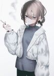  1girl :o absurdres black_pants blowing_smoke blue_eyes brown_hair cigarette grey_sweater highres holding holding_cigarette jacket long_sleeves looking_at_viewer migihidari_(puwako) open_clothes open_jacket original pants simple_background smoke smoking solo sweater white_background white_jacket 