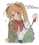  1girl blush bocchi_the_rock! buttons closed_mouth dayama green_jacket highres ijichi_nijika jacket long_hair looking_to_the_side neck_ribbon red_eyes red_ribbon ribbon shirt side_ponytail simple_background solo_focus sweat translation_request upper_body white_background white_shirt 