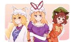  3girls ahoge animal_ear_fluff animal_ear_headwear animal_earrings animal_ears animal_hat blue_tabard blush border bow cat_ears cat_girl chen collar collarbone commentary dress elbow_gloves family fang fox_girl fox_tail frilled_collar frilled_hat frills gloves green_hat hair_between_eyes hat highres kitsune kyuubi long_hair looking_ahead looking_at_viewer mob_cap multiple_girls multiple_tails orange_skirt orange_vest outline puffy_short_sleeves puffy_sleeves purple_dress red_bow shirt short_hair short_sleeves sideways_glance skin_fang skirt sleepymausu smile sparkling_eyes tabard tail touhou upper_body very_long_hair vest white_border white_dress white_gloves white_hat white_outline white_shirt yakumo_ran yakumo_yukari 