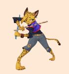 3_toes action_pose anthro arnis barefoot belt bottomwear bracelet claws clothing denim denim_bottomwear denim_clothing digital_drawing_(artwork) digital_media_(artwork) ear_piercing ear_ring facial_markings feet felid feline female finger_claws fur green_eyes head_markings head_tuft holding_object holding_weapon jeans jersey jewelry long_sleeves long_tail mammal markings narrowed_eyes pants paws pepper_(ruffu) piercing pointy_ears pose ring_piercing ruffu shirt simple_background solo spots spotted_body spotted_fur squint striped_markings stripes tail toe_claws toes topwear torn_bottomwear torn_clothing torn_jeans torn_pants tuft weapon yellow_body yellow_fur