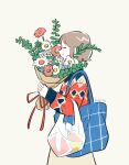  1girl artist_name bag blue_bag blush bouquet bow brown_hair closed_eyes closed_mouth commentary cream_background flower from_side gesooo_4 highres holding holding_bouquet long_skirt original patterned_clothing red_bow see-through_bag shopping_bag short_hair sidelocks simple_background skirt smelling smelling_flower smile solo standing sweater tote_bag upper_body 