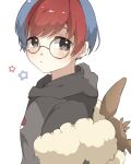  1girl black_eyes chiko_(chi_p_71) closed_mouth eevee frown glasses grey_hoodie highres hood hood_down hoodie multicolored_hair penny_(pokemon) pokemon pokemon_sv red_hair round_eyewear short_hair simple_background solo two-tone_hair white_background 