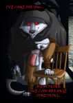  anthro ariesartist balls canid canine canis chair dark death_(puss_in_boots) dreamworks fur furniture genitals grey_body grey_fur hi_res male mammal penis puss_in_boots_(film) puss_in_boots_the_last_wish red_eyes sickle smile solo standing teeth text vein weapon wolf 