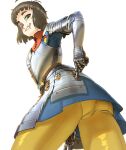  1girl absurdres armor ass breastplate brown_hair from_behind gauntlets green_eyes highres kneeling looking_at_viewer looking_back medium_hair original pants simple_background smile solo wassnonnam white_background yellow_pants 