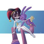 4_fingers absurd_res anthro arm_lick blush body_worship breasts clothing duo eyes_closed female fingers flustered glitch_productions hand_holding hi_res humanoid jax_(tadc) kinktober kinktober_2025 lagomorph larger_male leporid male mammal on_lap pattern_clothing pattern_topwear pomni_(tadc) rabbit screaming_alice sitting_on_lap size_difference small_breasts smaller_female striped_clothing striped_topwear stripes swimming_trunks swimwear the_amazing_digital_circus topwear