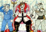  2025 anthro barazoku biceps big_muscles big_pecs black_bottomwear black_clothing black_pants blue_clothing blue_topwear bottomwear bruno_o_donnell bulge canid canine canis captain chair clothed clothing colored_pencil_(artwork) crossed_arms crown dashthefox dragon fish fur furniture gold_(metal) gold_crown gold_jewelry grey_body hair hat headgear headwear hi_res holding_object jewelry king long_hair looking_at_viewer magic_staff male mammal manly marine markshark medallion multicolored_body muscular muscular_anthro muscular_arms muscular_male mythological_creature mythological_scalie mythology pants peaked_cap pecs pillar purple_eyes red_eyes red_hair rowseradimus royalty sailor sailor_cap sailor_uniform scalie shark shark_tail sharp_teeth shirt smile standing tail tailblade teeth throne throne_room topwear traditional_media_(artwork) uniform uniformed_male white_body white_clothing white_fur white_hair wolf yellow_eyes 