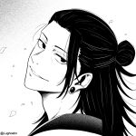  1boy absurdres commentary earrings english_commentary from_side getou_suguru greyscale hair_bun highres jewelry jujutsu_kaisen long_hair looking_at_viewer lughost male_focus monochrome petals portrait profile single_hair_bun smile solo twitter_username 