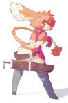  anthro belt clothing dragon female fluffy fluffy_ears fluffy_hair fur furred_dragon fuzisawa hair hands_behind_back legwear long_ears long_tail looking_at_viewer melee_weapon pink_body pink_eyes pink_fur pink_hair scarf skinny_tail solo stockings sword sword_sheath tail tan_body tan_fur weapon 