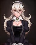  1girl absurdres alternate_costume ascot black_dress breasts brooch cleavage commentary corrin_(female)_(fire_emblem) corrin_(fire_emblem) dress english_commentary fire_emblem fire_emblem_fates formal frilled_dress frills grey_hair hairband highres jewelry long_hair looking_at_viewer own_hands_together pointy_ears puffy_sleeves red_eyes sarukaiwolf solo upper_body 