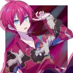  1boy ahoge blue_eyes border chain_necklace jewelry long_sleeves looking_at_viewer male_focus multicolored_clothes necklace pink_hair rhodi_(technoroid) shenaa short_hair skull_necklace solo technoroid white_background white_border 