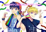  1boy 1girl 2019 2020 akitaka_(s_asai) bag bandana black_shirt blonde_hair blue_eyes blue_hair blue_shirt breasts chrono_cross copyright_name earrings facial_mark glowstick grin hair_ribbon holding holding_glowstick jewelry kid_(chrono_cross) locked_arms medium_breasts multi-tied_hair open_mouth ponytail print_bandana print_shirt red_bandana red_ribbon ribbon serge_(chrono_cross) shirt shoulder_bag smile streamers t-shirt teeth upper_body white_background 