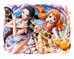  2girls black_hair blue_eyes blue_sky brown_eyes clima-tact japanese_clothes long_hair multiple_girls nami_(one_piece) nico_robin official_art one_piece one_piece_treasure_cruise orange_hair sky 