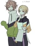  2boys blonde_hair brown_eyes brown_hair closed_mouth facing_viewer green_eyes highres jasu lana_(technoroid) looking_at_another male_focus mole mole_under_eye multiple_boys short_hair sketch smile technoroid white_background zin_(technoroid) 