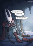 absurd_res angry animal_humanoid armor arthropod arthropod_humanoid brown_hair cave cloak clothed clothing dialogue duo english_text female fully_clothed gloves gun hair handgun handwear hi_res hollow_knight:_silksong hollow_knight_(franchise) hornet_(hollow_knight) hug hugging_another hugging_from_behind human humanoid insect insect_humanoid looking_at_another male male/female mammal melee_weapon musket pistol ranged_weapon rifle rifle_sling sitting smile snow snowing sword team_cherry text warjenkins weapon
