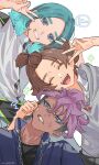  3boys aqua_hair artist_name blue_eyes blue_jacket brown_hair cheek_pinching closed_eyes dark-skinned_male dark_skin double_v grey_hoodie highres hood hoodie inazuma_eleven_(series) inazuma_eleven_victory_road jacket kisoji_heita medium_hair motune multicolored_hair multiple_boys open_mouth pinching purple_hair sakurazaki_jouji sasanami_unmei short_hair teeth two-tone_hair upper_teeth_only v watermark white_jacket 