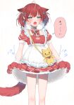  1girl ahoge akami_karubi animal_bag animal_ears animal_hands apron bag bangs blue_eyes blush cat_bag cat_ears cat_tail choker dress ears_down fangs frilled_apron frills fur-trimmed_dress fur-trimmed_gloves fur-trimmed_sleeves fur_trim gloves half-closed_eyes heart_pendant highres indie_virtual_youtuber jewelry komoe_(hinagatu) looking_at_viewer multicolored_hair open_mouth paw_gloves pendant red_hair ribbon short_hair short_sleeves shoulder_bag skirt_hold slit_pupils solo streaked_hair sweat tail translation_request twintails virtual_youtuber 