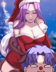  1boy 1girl antlers blurry blurry_background breasts christmas_tree collarbone detached_sleeves dress fate/grand_order fate_(series) fur-trimmed_dress fur-trimmed_sleeves fur_trim hat holding holding_sack large_breasts long_hair matou_shinji medusa_(fate) medusa_(rider)_(fate) nikumaki43 purple_eyes purple_hair red_dress red_nose red_sleeves reindeer_antlers sack santa_dress santa_hat sharp_teeth tearing_up teeth 