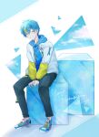  1boy blue_background blue_hair closed_eyes cobalt_(technoroid) colored_eyelashes cube facing_viewer happy_birthday highres male_focus multicolored_background multicolored_hair orange_hair shenaa short_hair smile solo technoroid teeth white_background 