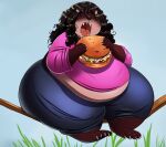  2021 anthro baldur_(shenzel) barefoot bear belly bench big_belly bottomwear burger claws clothed clothing eyes_closed fangs feet female food fur grass hair hi_res holding_burger holding_food holding_object mammal obese obese_anthro obese_female open_mouth overweight overweight_anthro overweight_female pants paws plant shenzel shirt sitting solo teeth thick_thighs toe_claws tongue topwear wide_hips 