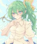  1girl :&lt; bangs blue_eyes blue_sky closed_mouth cloud collared_shirt daiyousei fairy_wings green_hair hair_between_eyes highres long_hair looking_at_viewer neko_mata outdoors pointy_ears shirt short_sleeves side_ponytail sky solo touhou upper_body white_shirt wings 