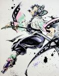  1girl @o_ro_ro_n24 animal_print belt black_hair black_jacket black_pants breasts butterfly_hair_ornament butterfly_print butterfly_print_haori colored_tips demon_slayer_uniform drawing_sword full_body hair_ornament haori highres holding holding_sword holding_weapon ink_wash_painting jacket japanese_clothes katana kimetsu_no_yaiba kochou_shinobu light_smile looking_at_viewer medium_breasts multicolored_hair pants parted_bangs print_haori purple_hair sandals sidelocks solo sumi-e sword tabi updo weapon white_belt 