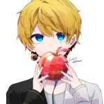  1boy apple blonde_hair blue_eyes blue_nails covering_mouth dated food fruit grey_shirt holding holding_food holding_fruit long_sleeves looking_at_viewer male_focus nail_polish night_(technoroid) shenaa shirt short_hair signature solo technoroid white_background 