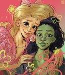  2girls artist_logo black_hair black_jacket blonde_hair bow chromatic_aberration colored_skin commentary drawn_flower dreadlocks dress elphaba_thropp english_commentary eyelashes fingernails flourish_(design) freckles frilled_dress frills frutiger_metro good_witch_of_the_north green_background green_eyes green_skin hair_behind_ear hair_bow hair_slicked_back half_up_bun halftone hands_on_another's_shoulders hashtag-only_commentary heads_together jacket logo long_fingernails long_hair looking_at_viewer multiple_boys multiple_girls pink_background pink_bow pink_dress pink_lips pink_nails purple_eyes raised_inner_eyebrows skcd_loen smile thick_lips two-tone_background upper_body v-neck wicked 