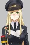  1girl amehashi_(vdde3724) black_necktie blonde_hair breasts closed_mouth girls&#039;_frontline green_eyes grey_background hat highres long_hair looking_at_viewer military military_hat military_uniform necktie shirt simple_background solo stg44_(girls&#039;_frontline) uniform white_shirt 