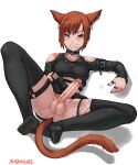  1girl animal_ears artist_name bare_shoulders breasts brown_hair copyright_request ear_piercing feet futanari gothic highres jewelry lifted_by_self navel penis penis_piercing piercing ring scar seraziel skirt small_breasts smile tail tattoo teeth testicles thighs 