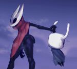 2_horns ambiguous_gender anthro arachnid arthropod black_body black_eyes bodily_fluids cloak clothed clothing digital_media_(artwork) duo female genital_fluids genitals half_sister_(lore) hi_res hollow_knight_(franchise) horn hornet_(hollow_knight) imminent_sex insect kirbugo red_clothing sibling_(lore) simple_background sister_(lore) spider tail team_cherry the_knight_(hollow_knight) vessel_(species) vulva