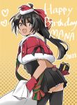  1girl alternate_costume black_eyes black_hair black_thighhighs blush box dark-skinned_female dark_skin gift gift_box gloves happy happy_birthday hat highres holding holding_sack long_hair looking_at_viewer luminous_witches manaia_matawhaura_hato okeke_power_nishiko open_mouth panties ponytail red_gloves sack santa_costume santa_hat smile solo thighhighs underwear white_panties world_witches_series 