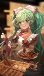  1girl apron blueicedtea blush commentary fish_sausage food fork_hair_ornament frilled_apron frills green_eyes green_hair hair_between_eyes hair_ornament hatsune_miku highres holding holding_ladle japanese_clothes kimono ladle long_hair long_sleeves looking_at_viewer magical_mirai_miku magical_mirai_miku_(2024) oden official_alternate_costume official_alternate_hairstyle orange_kimono parted_lips plate smile solo soup_ladle spoon_hair_ornament twintails very_long_hair vocaloid white_apron wide_sleeves 