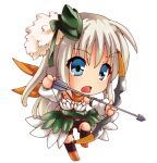  1girl arrow_(projectile) bangs black_shorts black_socks blue_eyes bow_(weapon) breasts bycocket chibi cleavage commentary_request detached_sleeves drawing_bow full_body green_headwear green_skirt grey_hair holding holding_bow_(weapon) holding_weapon long_hair looking_afar lowres medium_breasts momozakura_nanao official_alternate_costume open_mouth ragnarok_online ranger_(ragnarok_online) scarf short_shorts shorts simple_background skirt socks solo transparent_background weapon white_sleeves yellow_scarf 