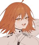  1girl ahoge arm_behind_head arm_up breasts chaldea_logo fate/grand_order fate_(series) fujimaru_ritsuka_(female) fujimaru_ritsuka_(female)_(decisive_battle_chaldea_uniform) high_collar highres large_breasts light_blush long_sleeves looking_at_viewer medium_hair orange_eyes orange_hair smile sumi_(gfgf_045) teeth upper_body upper_teeth_only 