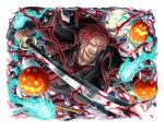  1boy halloween holding holding_sword holding_weapon jack-o&#039;-lantern official_art one_piece one_piece_treasure_cruise open_mouth red_hair scar scar_across_eye shanks_(one_piece) short_hair sword teeth weapon 