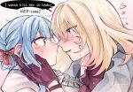  2girls aver_(yumenokessho) bang_dream! bang_dream!_it's_mygo!!!!! blonde_hair blue_hair blush bow center_frills chinese_commentary commentary_request doloris_(bang_dream!) english_text facial_mark food frills fruit gloves hair_between_eyes hair_bow highres imminent_kiss medium_hair misumi_uika multiple_girls open_mouth purple_eyes red_bow red_gloves short_hair_with_long_locks sidelocks strawberry sweets_paradise togawa_sakiko yellow_eyes yoyoray20001996 yumenokessho yuri 