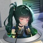  1girl android black_choker blush braid choker closed_eyes closed_mouth green_hair guisin_(chibi_ghost) hair_ornament highres long_hair qingyi_(zenless_zone_zero) recharging smile solo sphere_hair_ornament twin_braids twintails upper_body zenless_zone_zero 