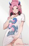  1girl blue_eyes bottomless clothes_lift headphones headphones_around_neck highres holy_meh horns lifted_by_self long_hair looking_at_viewer original pink_hair pointy_ears print_shirt pussy shirt shirt_lift solo t-shirt uncensored web_address white_background 