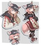  1girl animal_ear_hood animal_ears arknights black_hat black_pantyhose black_shoes blue_eyes braid chibi chibi_inset closed_mouth extra_ears fox_ears fox_girl fox_tail hat highres hood hood_down jacket long_sleeves material_growth multiple_views official_alternate_costume oripathy_lesion_(arknights) pantyhose peaked_cap pink_hair puffy_long_sleeves puffy_sleeves red_jacket shoes short_hair single_braid sneakers standing sussurro_(arknights) sussurro_(travel_freely)_(arknights) tail touchika 