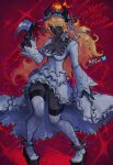  1girl artist_name axe black_hairband black_horns black_nails black_panties black_skin blonde_hair blue_eyes bluesky_logo boots breasts choker cleavage colored_skin commentary cosplay demon_horns dress english_commentary english_text fingernails frilled_choker frilled_dress frilled_hairband frills full_body hairband hand_up hatidraw heterochromia highres holding holding_axe horns knife_in_head layered_dress lolita_hairband long_fingernails long_hair long_sleeves looking_at_viewer medium_breasts object_through_head original panties persona persona_3 red_background red_eyes ribbon solo standing thigh_boots underwear very_long_hair white_boots white_choker white_dress white_ribbon yoshino_chidori yoshino_chidori_(cosplay) 