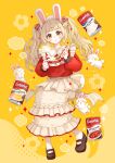  1girl :o animal_ears blonde_hair blunt_bangs brown_shoes brown_skirt campbell's canned_soup commentary_request cup fake_animal_ears food frilled_skirt frills full_body hair_ornament hands_up highres holding holding_cup holding_ladle ladle light_blush long_hair long_sleeves looking_at_viewer mary_janes original parted_lips product_placement rabbit rabbit_ears red_shirt shirt shoes skirt solo twintails yellow_background yellow_eyes yutukicom 
